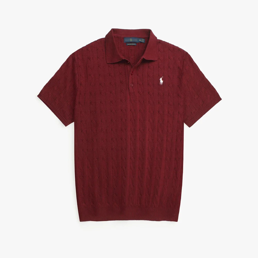 RL PREMIUM CABEL-KNIT BUTTON POLO SHIRT (MAROON)