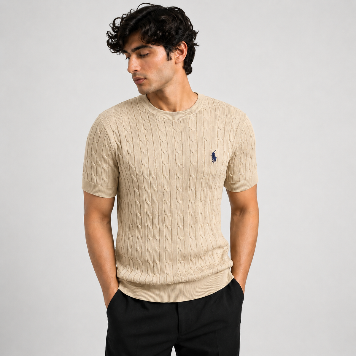 RL CREW NECK CABLE KNIT SHIRT (BEIGE)