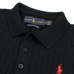 RL PREMIUM CABEL-KNIT BUTTON POLO SHIRT (BLACK)