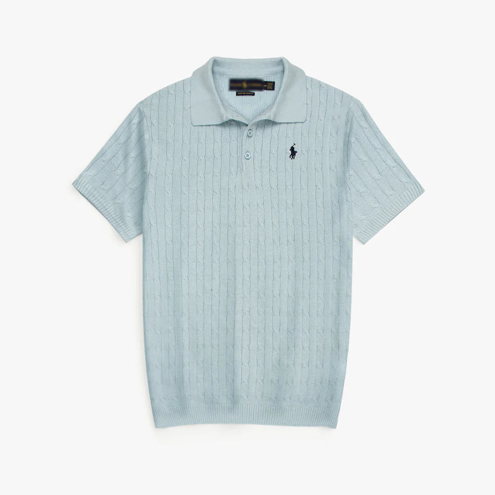 RL PREMIUM CABEL-KNIT BUTTON POLO SHIRT (SKY)