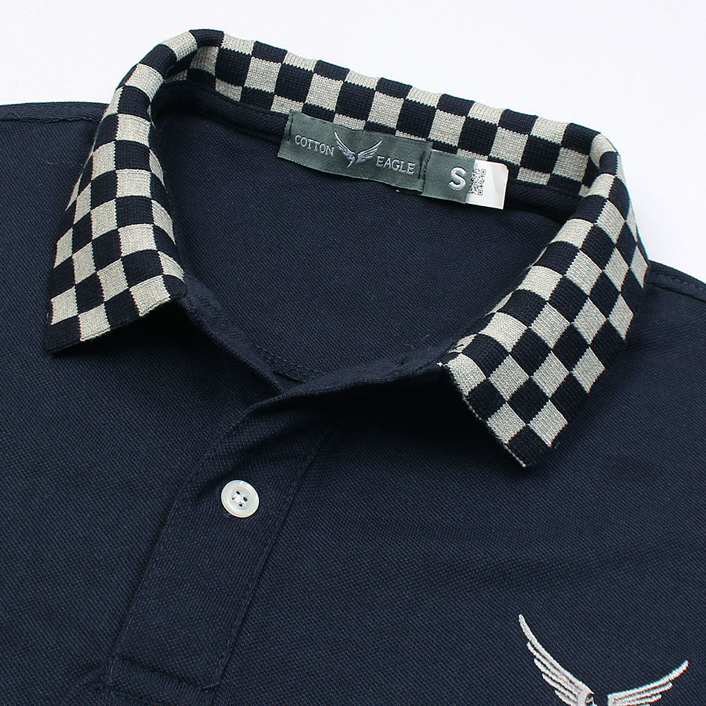 Cotton Eagle Premium Check Collar Polo Shirt (Navy Blue)