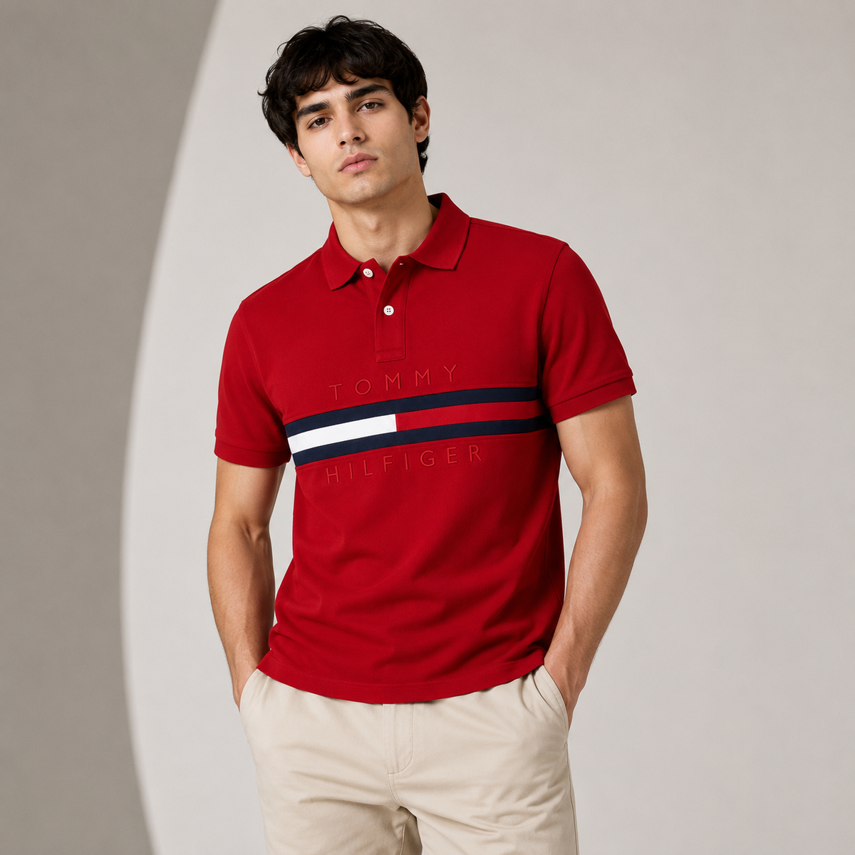 TOMMY SIGNATURE STRIPE POLO SHIRT (RED)