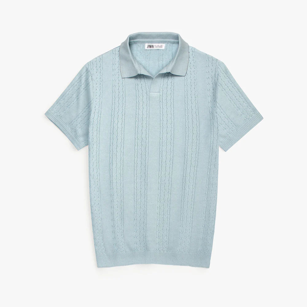Z.A.R.A PREMIUM CABEL-KNIT V NECK POLO SHIRT (SKY BLUE)