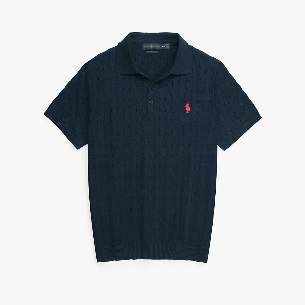 RL PREMIUM CABEL-KNIT BUTTON POLO SHIRT (NAVY BLUE)