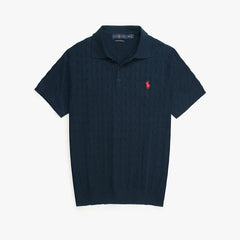 RL PREMIUM CABEL-KNIT BUTTON POLO SHIRT (NAVY BLUE)