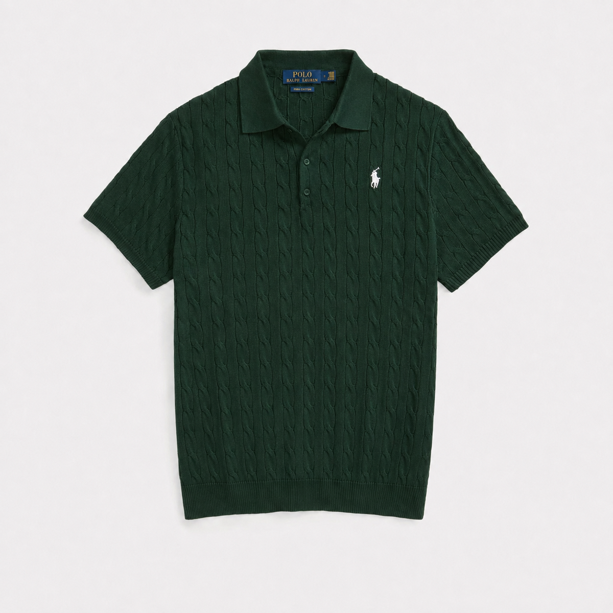 RL PREMIUM CABEL-KNIT BUTTON POLO SHIRT (GREEN)