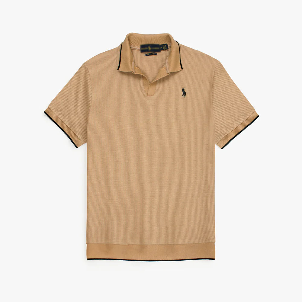 RL PREMIUM MEN'S V NECK BORDER POLO SHIRT (KHAKI)