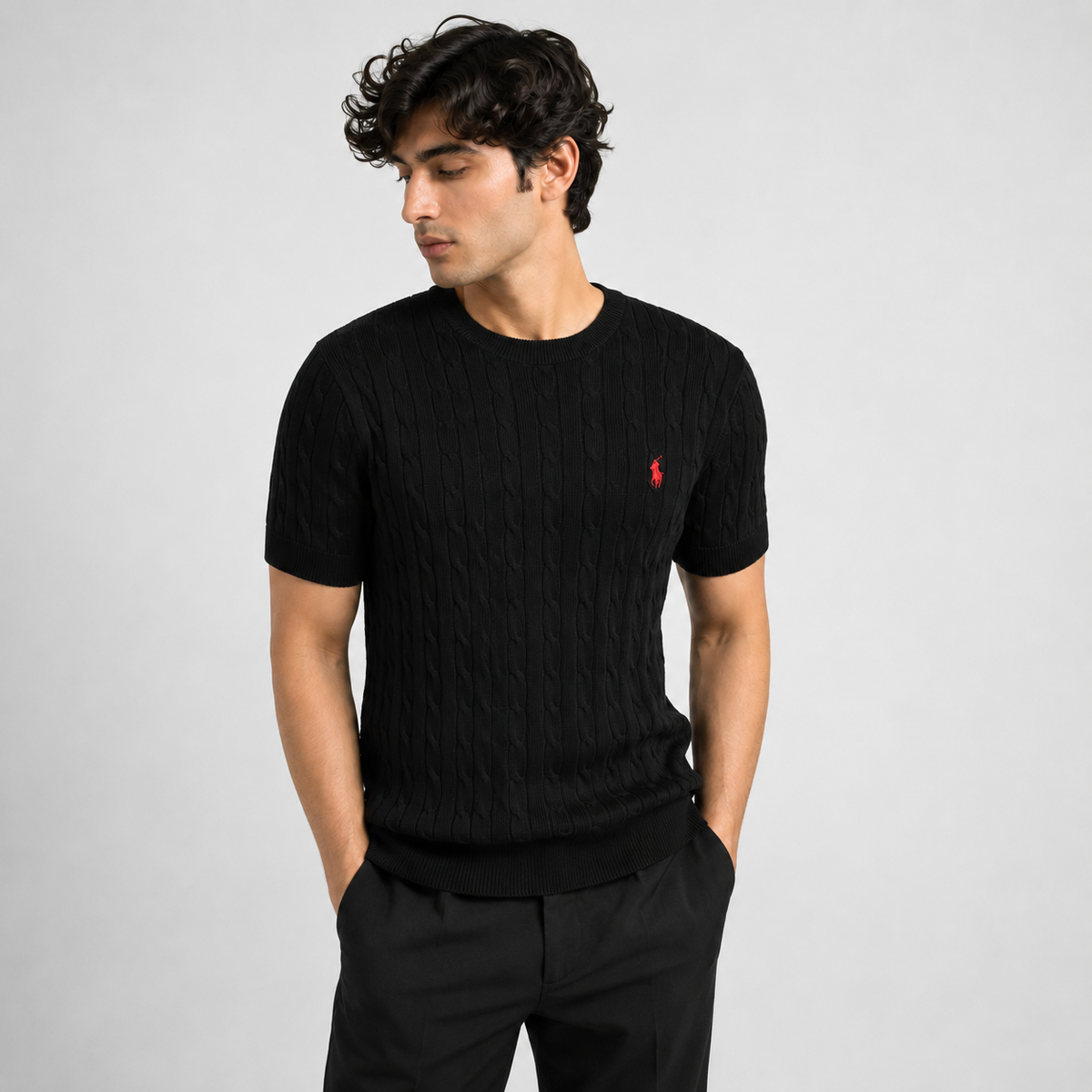 RL CREW NECK CABLE KNIT SHIRT (BLACK)