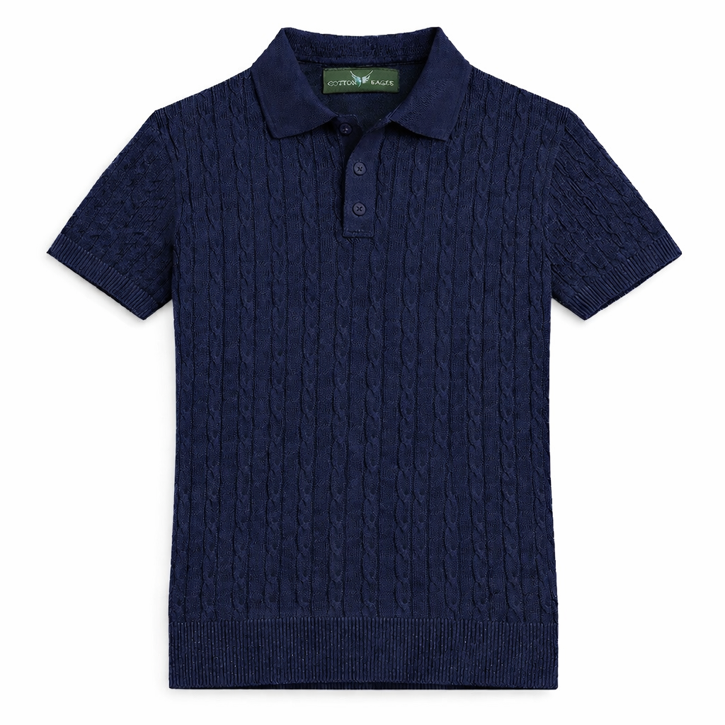 COTTON EAGLE MEN'S CABLE KNIT BTN POLO SHIRT (NAVY BLUE)