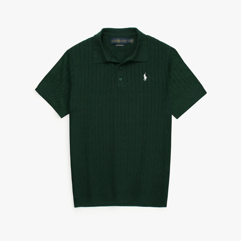 RL PREMIUM CABEL-KNIT BUTTON POLO SHIRT (GREEN)