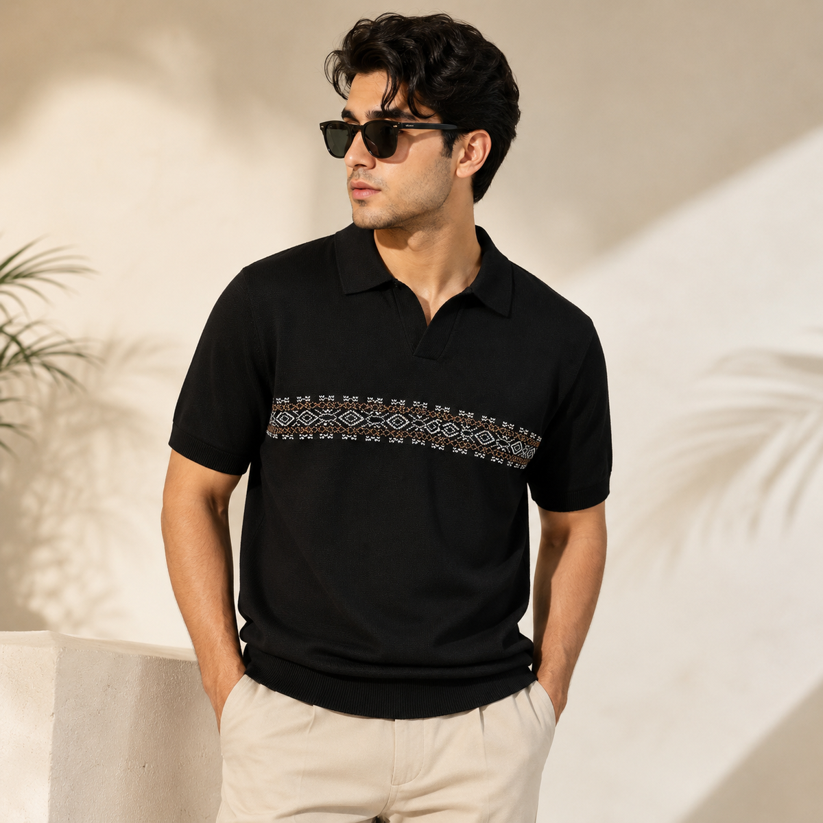 COTTON EAGLE FLAT KNIT SIGNATURE POLO (BLACK)