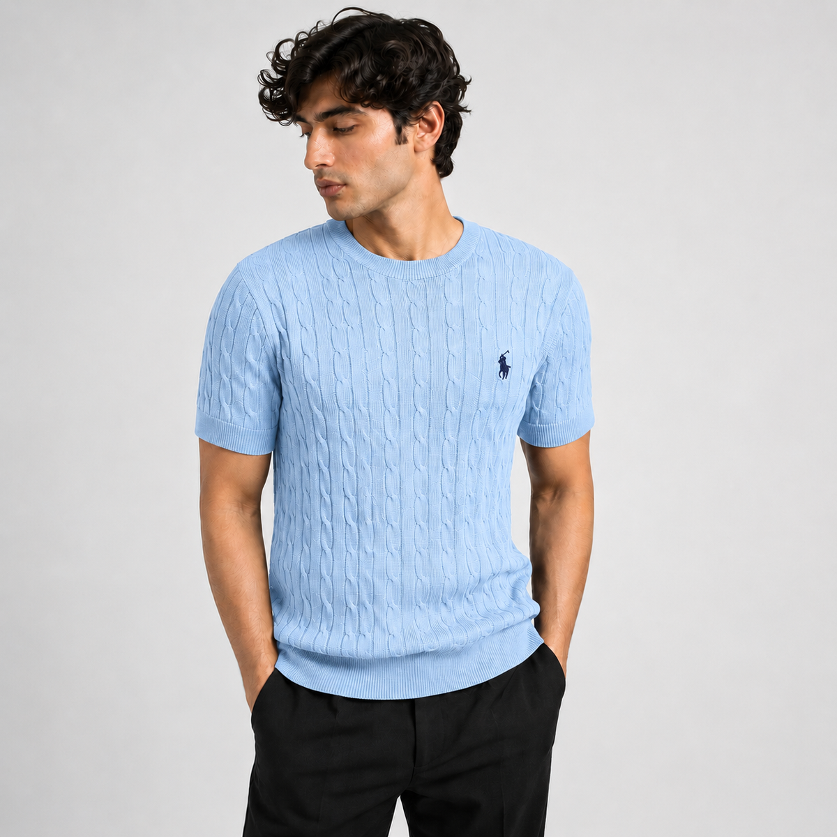 RL CREW NECK CABLE KNIT SHIRT (SKY)