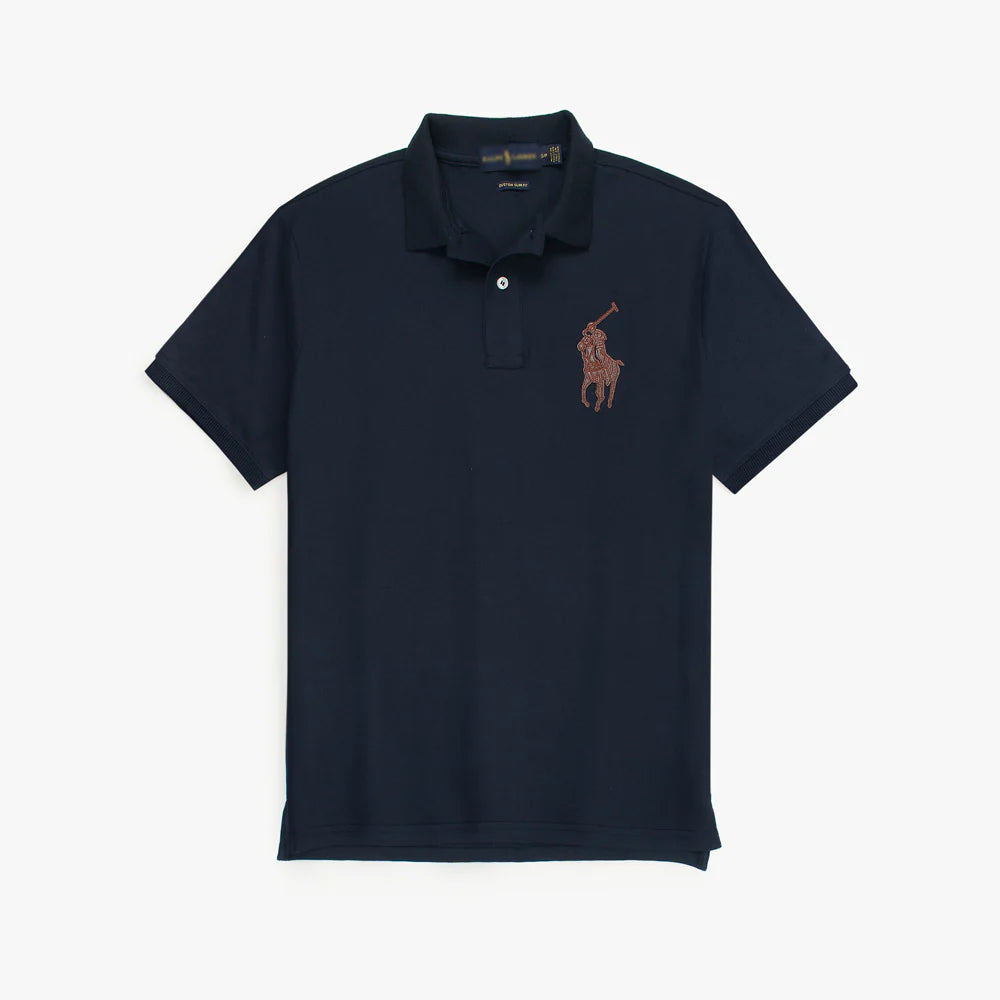 RL PREMIUM LEATHER BIG HORSE POLO SHIRT (NAVY BLUE)