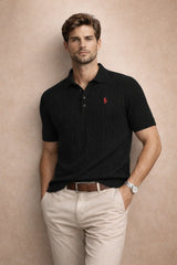 RL PREMIUM CABEL-KNIT BUTTON POLO SHIRT (BLACK)