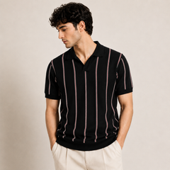 COTTON EAGLE FLAT KNIT STRIPE POLO (BLACK)