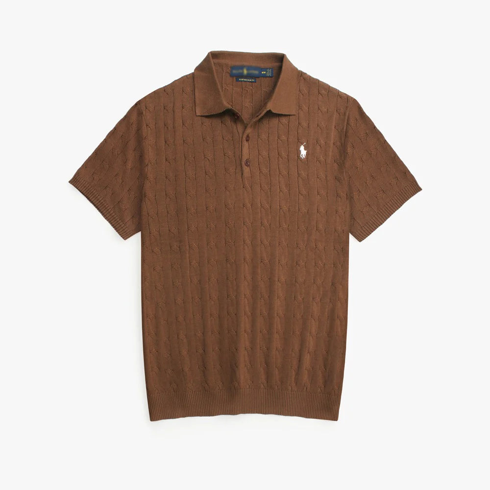 RL PREMIUM CABEL-KNIT BUTTON POLO SHIRT (BROWN)