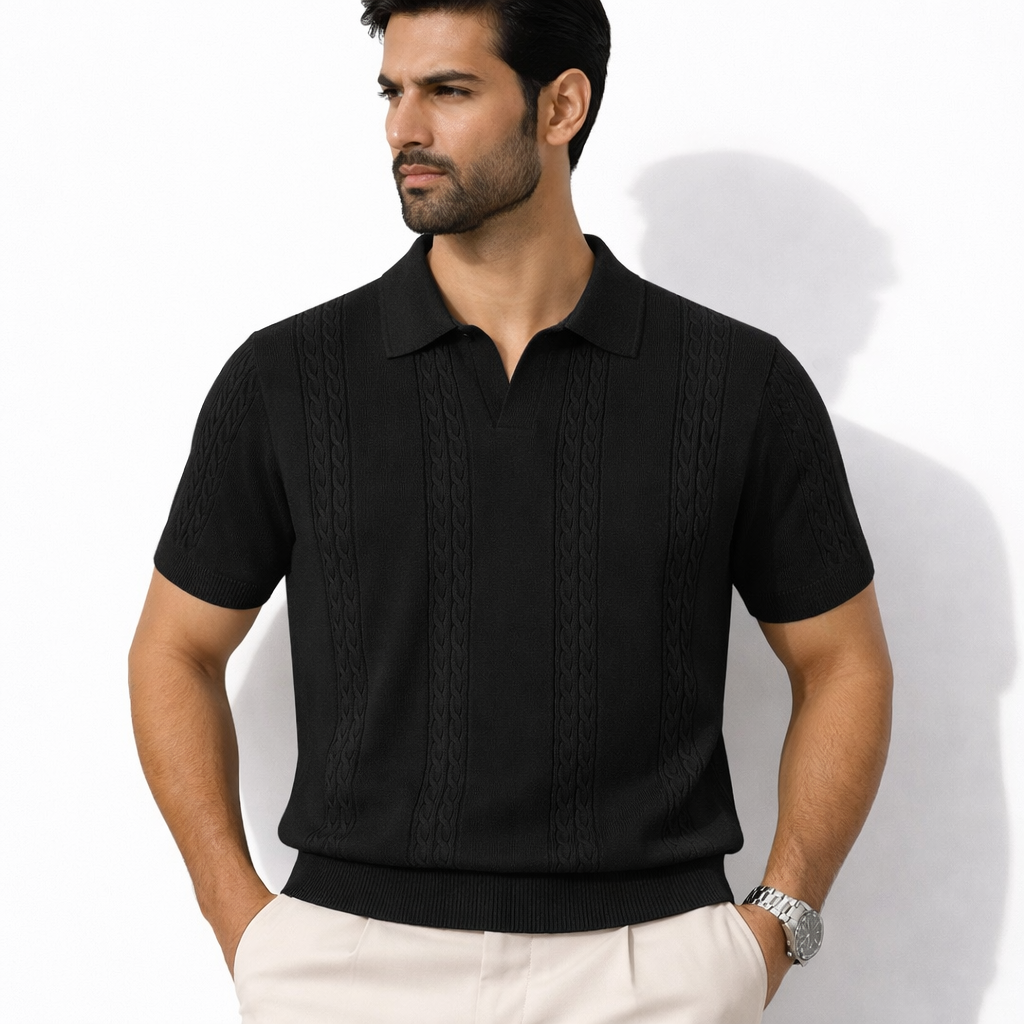 COTTON EAGLE MEN'S JOHNNY COLLAR CABLE KNIT POLO SHIRT (BLACK)