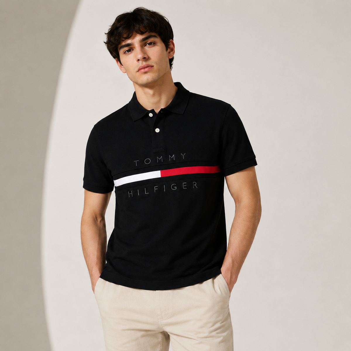 TOMMY SIGNATURE STRIPE POLO SHIRT (BLACK)