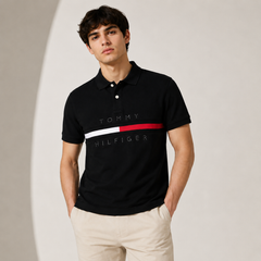 TOMMY SIGNATURE STRIPE POLO SHIRT (BLACK)