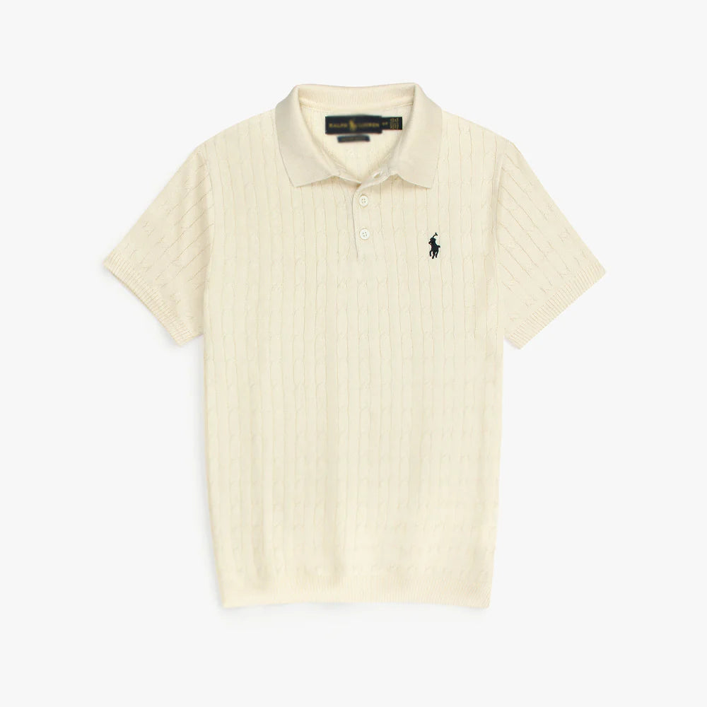 RL PREMIUM CABEL-KNIT BUTTON POLO SHIRT (OFF-WHITE)
