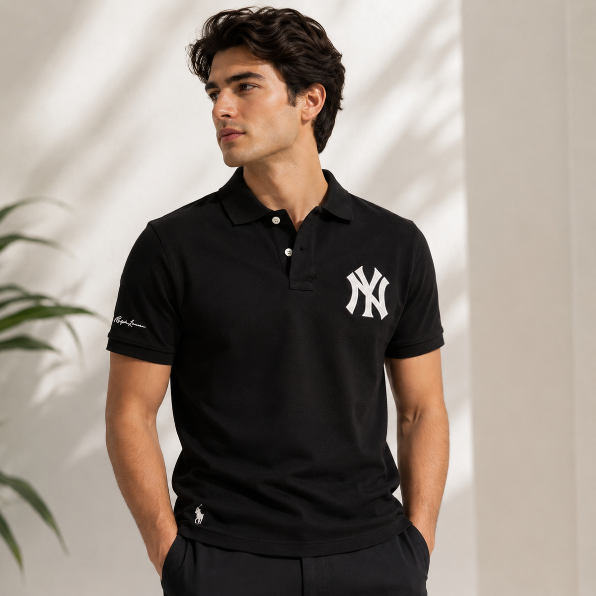 RL NY COTTON PIQUE COTTON POLO SHIRT (BLACK)