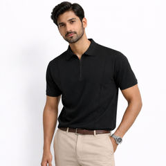 Z.A.R.A FRONT PANEL MEN'S ZIP UP POLO SHIRT (BLACK)