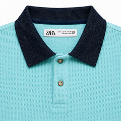 Z.A.R.A DENIM COLLAR WAFFLE KNIT POLO SHIRT (TEAL)