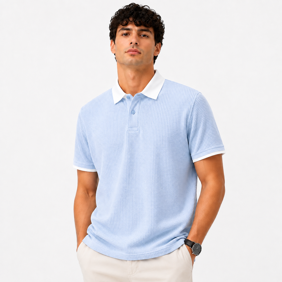 Z.A.R.A RUGBY COLLAR WAFFLE KNIT POLO SHIRT (SKY)