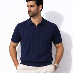 COTTON EAGLE MEN'S JOHNNY COLLAR CABLE KNIT POLO SHIRT (NAVY BLUE)