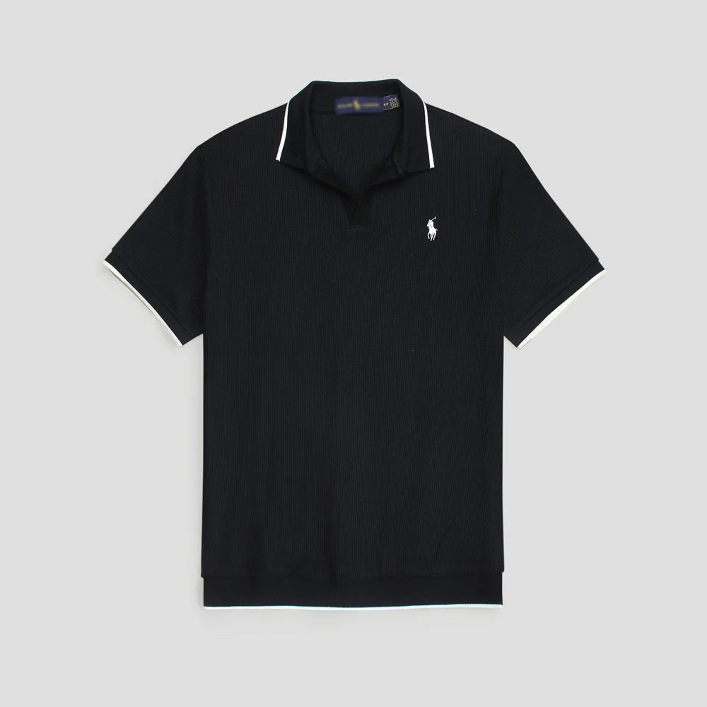 RL PREMIUM MEN'S V NECK BORDER POLO SHIRT (BLACK)