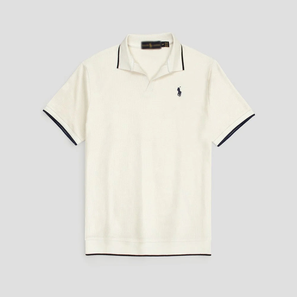 RL PREMIUM MEN'S V NECK BORDER POLO SHIRT (OFF-WHITE)