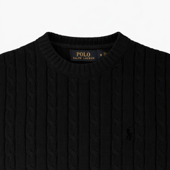 RL IMPORTED SMALL PONY ROUND NECK CABLE KNIT SWEATER (BLACK)