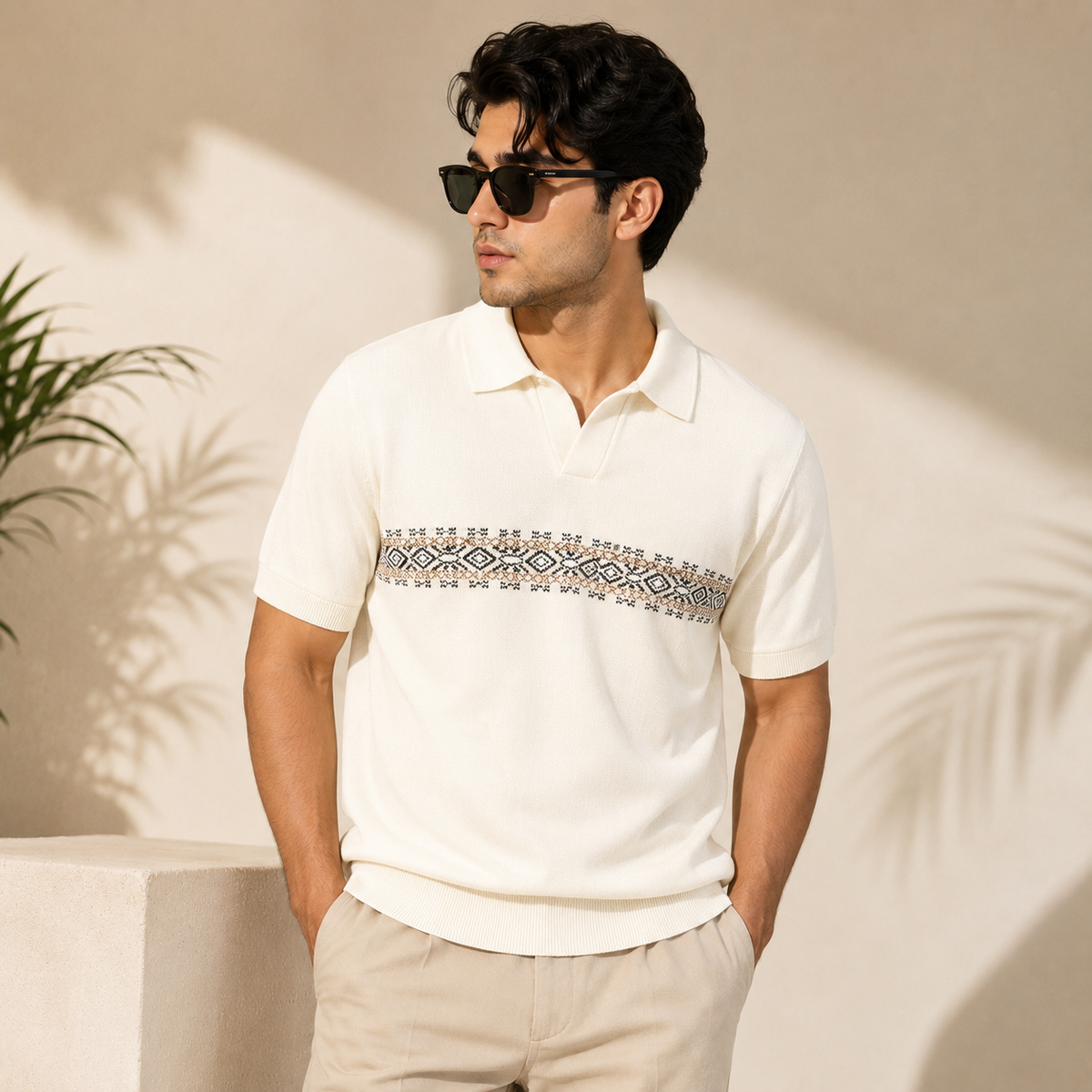 COTTON EAGLE FLAT KNIT SIGNATURE POLO (OFF-WHITE)