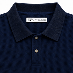Z.A.R.A DENIM COLLAR WAFFLE KNIT POLO SHIRT (NAVY BLUE)