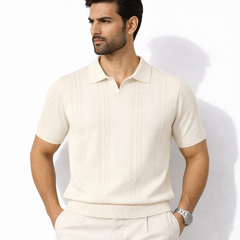 COTTON EAGLE MEN'S JOHNNY COLLAR CABLE KNIT POLO SHIRT (OFF-WHITE)