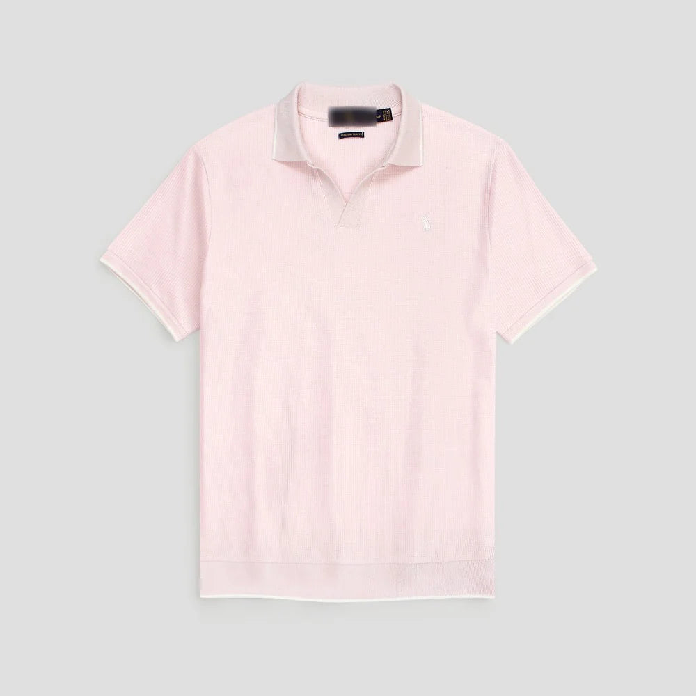 RL PREMIUM MEN'S V NECK BORDER POLO SHIRT (POWDER PINK)