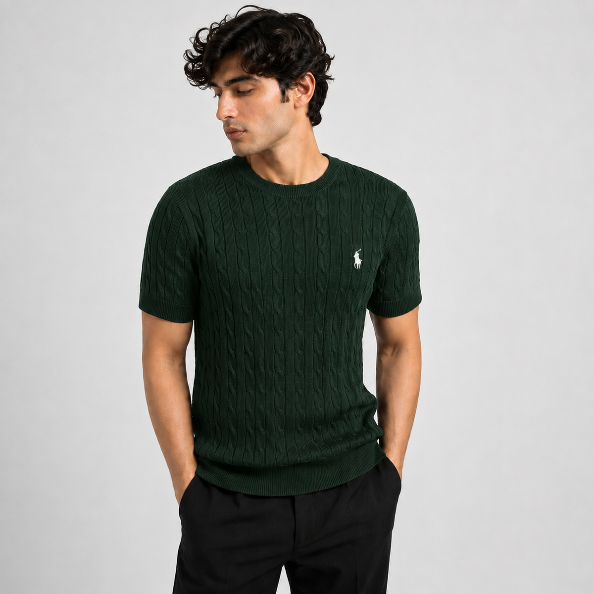 RL CREW NECK CABLE KNIT SHIRT (GREEN)