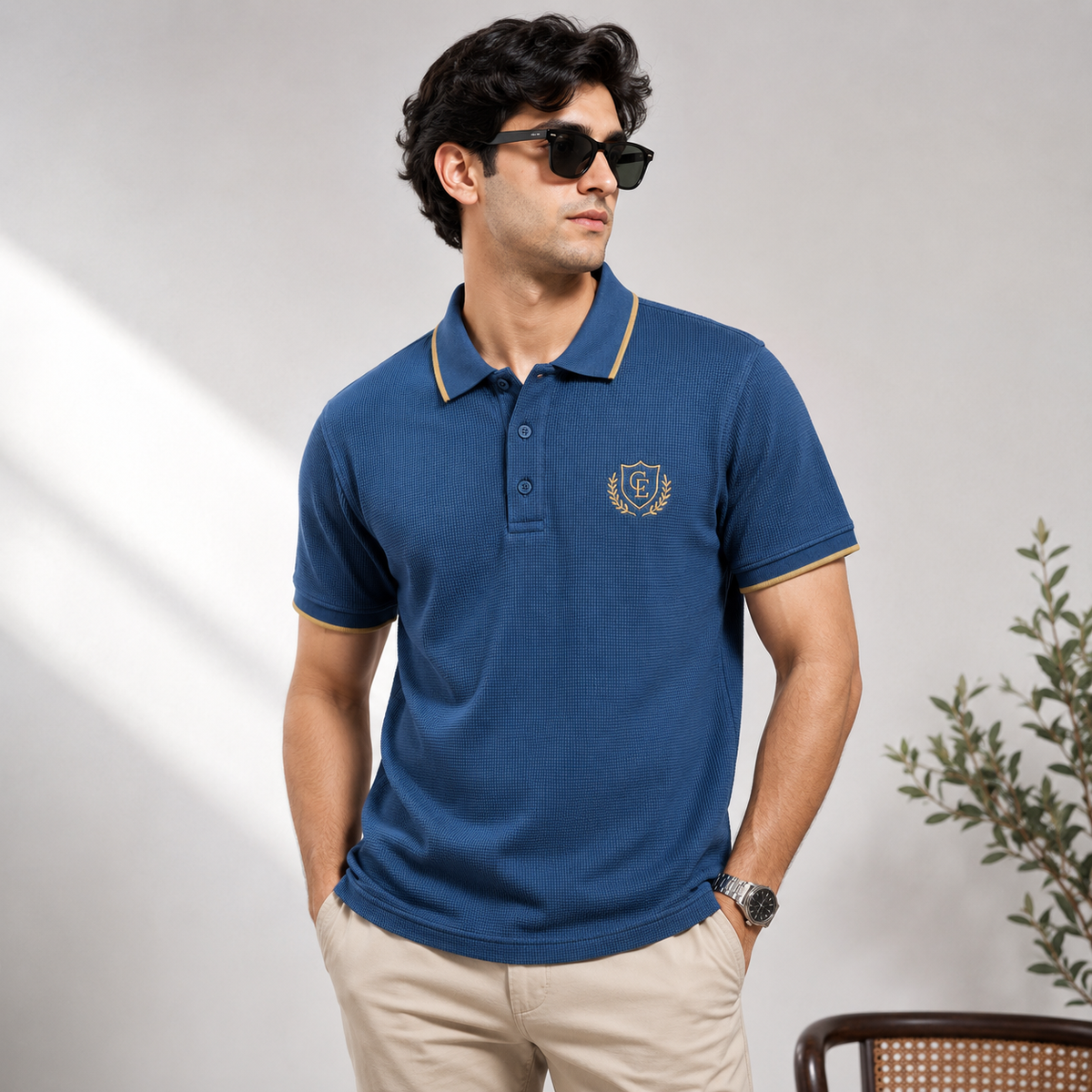 COTTON EAGLE WAFFLE KNIT TIPPING POLO SHIRT (MARINE BLUE)
