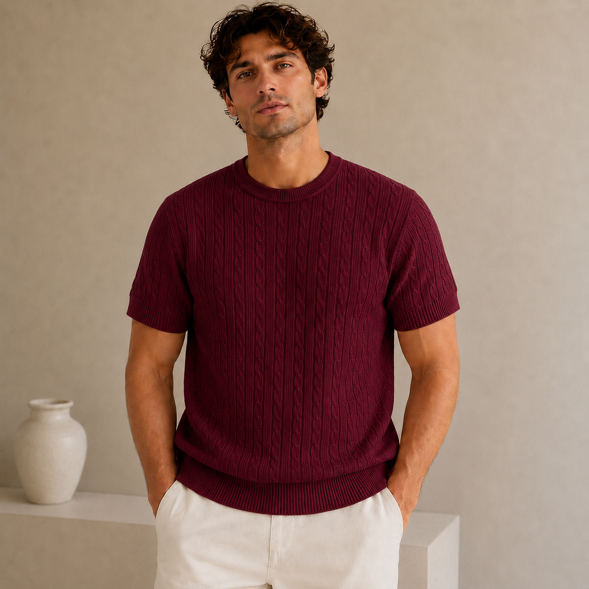 COTTON EAGLE CREW NECK CABLE KNIT SHIRT (MAROON)