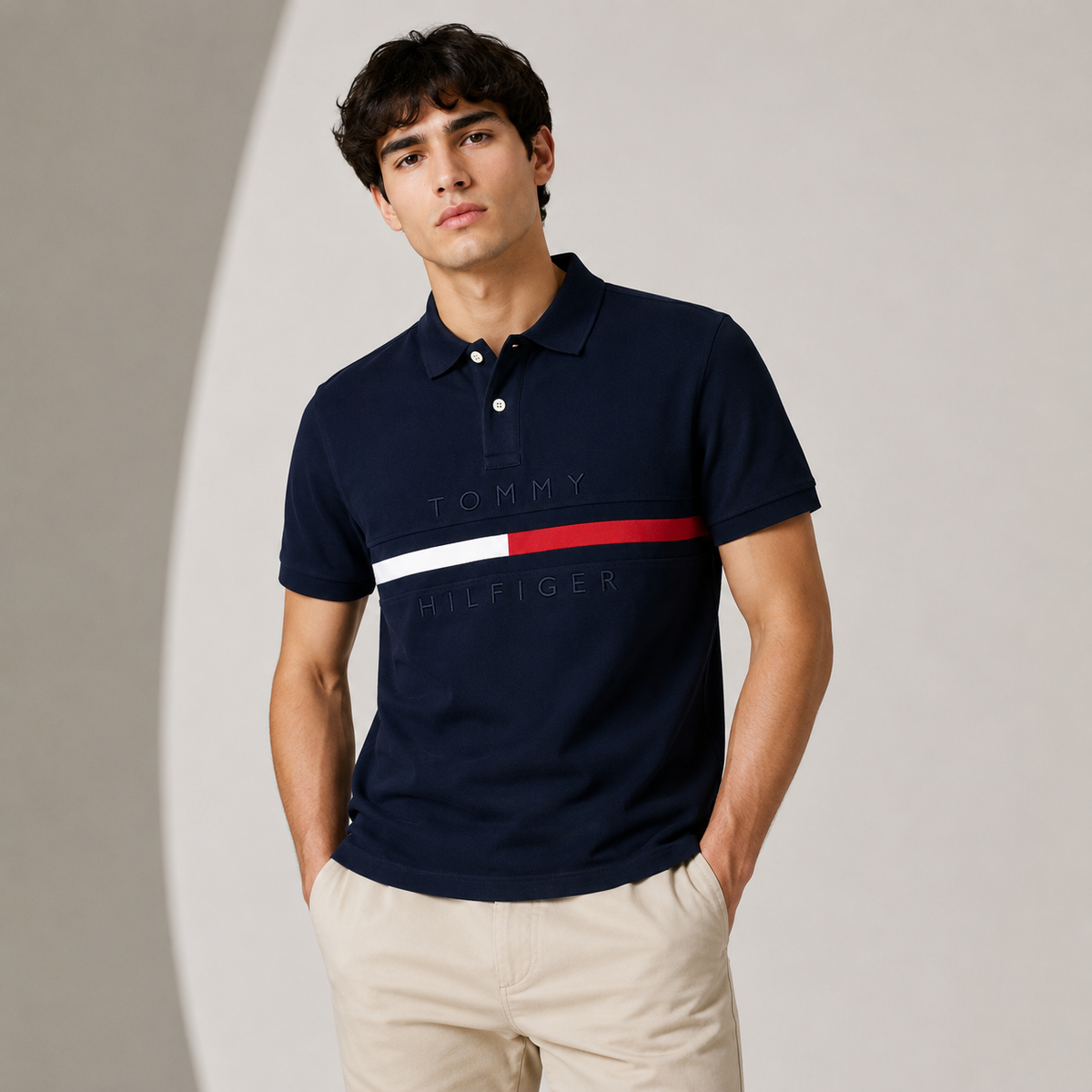 TOMMY SIGNATURE STRIPE POLO SHIRT (NAVY BLUE)
