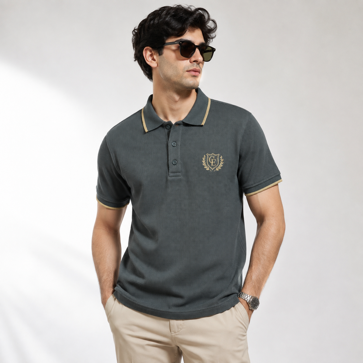 COTTON EAGLE WAFFLE KNIT TIPPING POLO SHIRT (DUSTY OLIVE)
