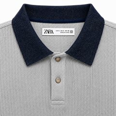 Z.A.R.A DENIM COLLAR WAFFLE KNIT POLO SHIRT (HEATHER GREY)