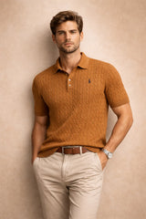 RL PREMIUM CABEL-KNIT BUTTON POLO SHIRT (MUSTARD)