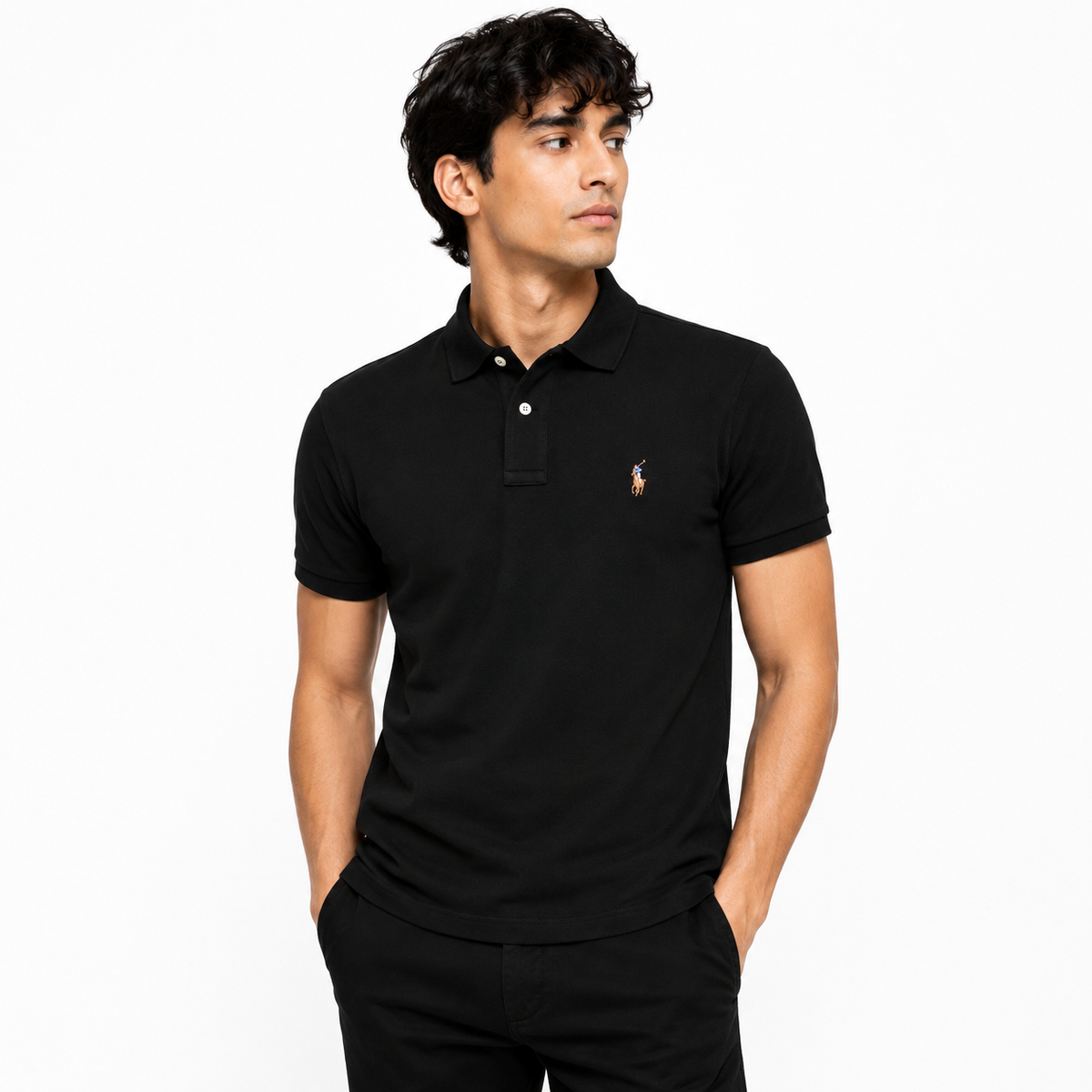 RL SMALL PONY MULTI HORSE COTTON PIQUE POLO SHIRT (BLACK)