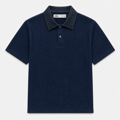 Z.A.R.A DENIM COLLAR WAFFLE KNIT POLO SHIRT (NAVY BLUE)
