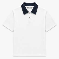 Z.A.R.A DENIM COLLAR WAFFLE KNIT POLO SHIRT (WHITE)