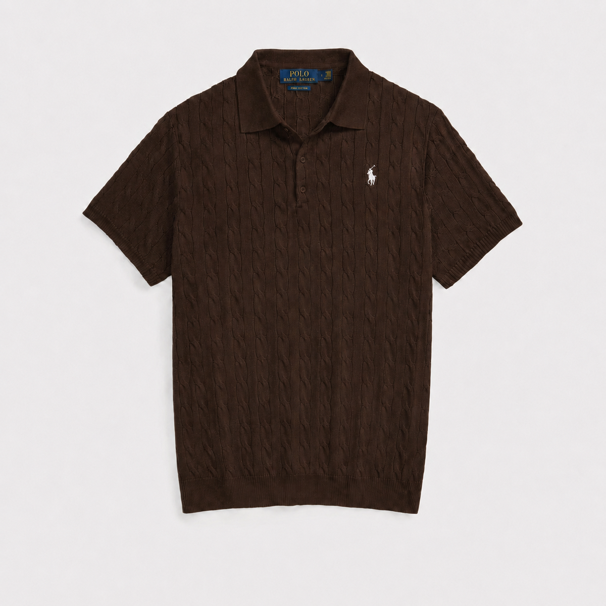 RL12 PREMIUM CABEL-KNIT BUTTON POLO SHIRT (BROWN)