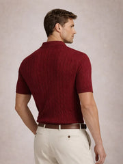 RL PREMIUM CABEL-KNIT BUTTON POLO SHIRT (MAROON)