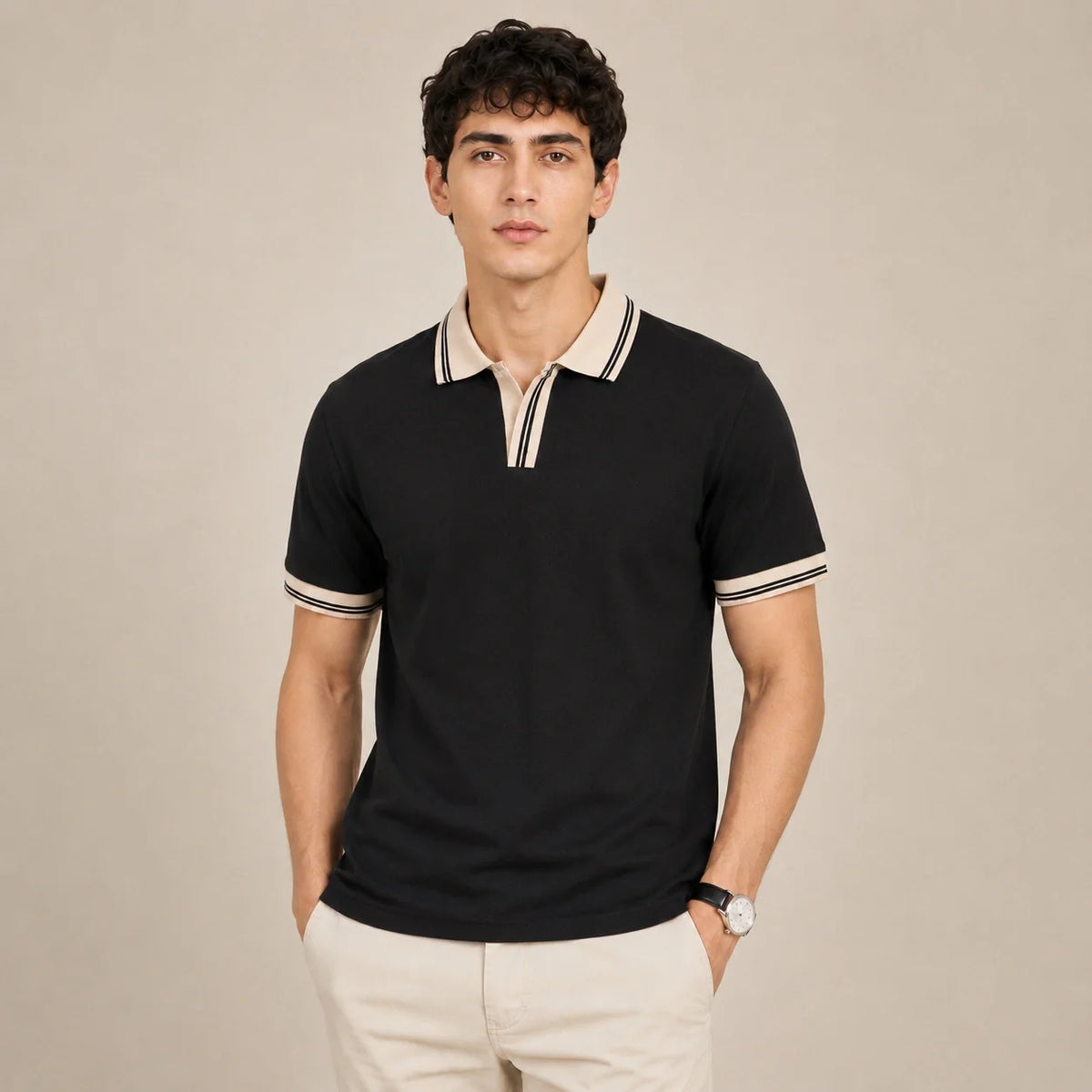 COTTON EAGLE CONTRAST COLLAR WAFFLE KNIT POLO (BLACK)