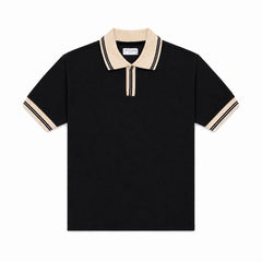COTTON EAGLE CONTRAST COLLAR WAFFLE KNIT POLO (BLACK)